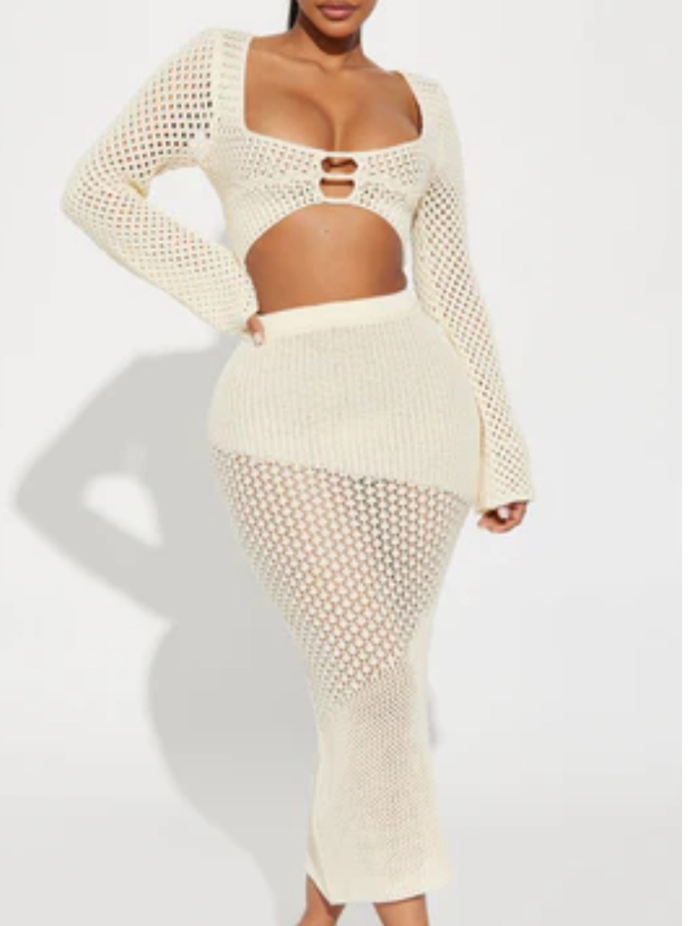 Fashion Nova Cream Crochet Midi Skirt Set